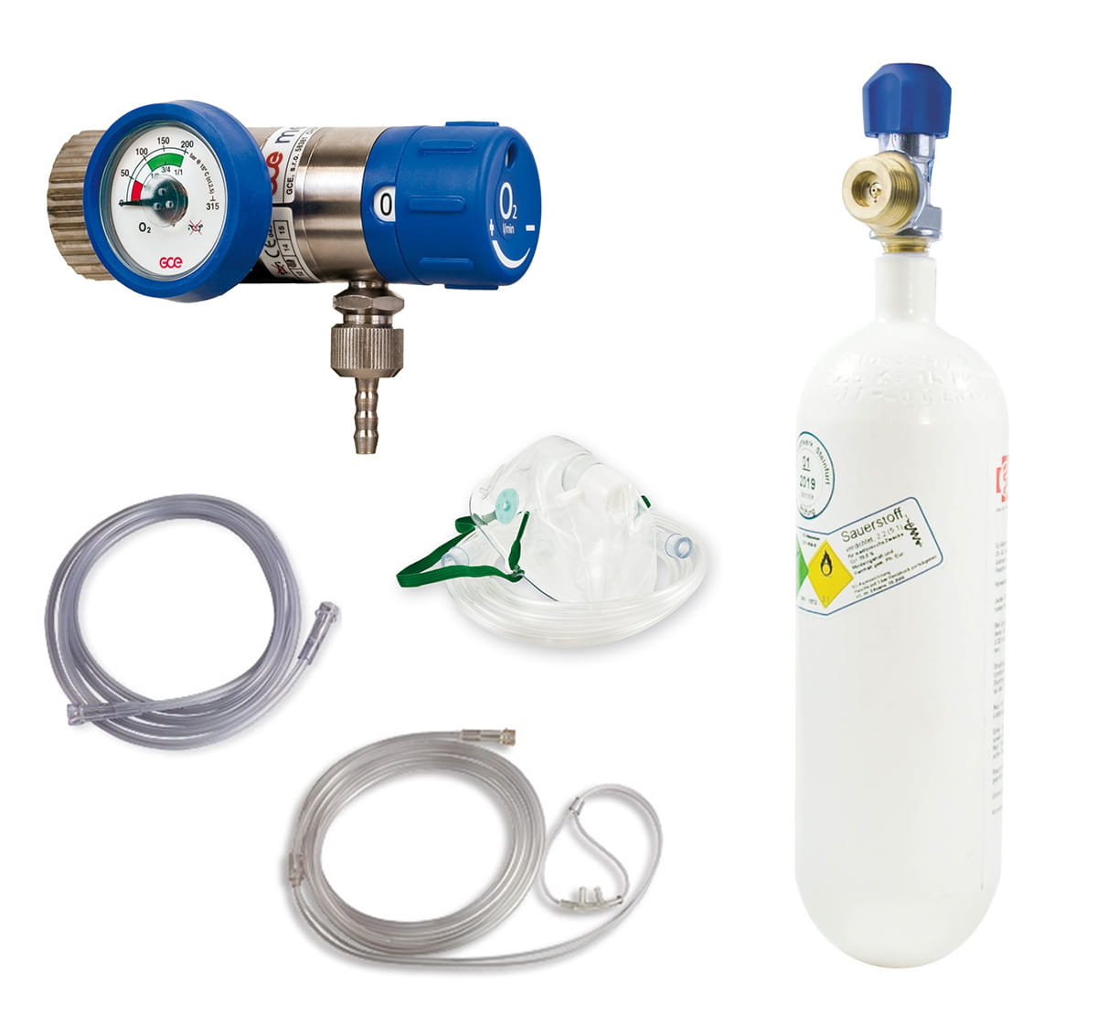 Sauerstoff-Komplett-Set - Druckminderer und Flasche 2 Liter